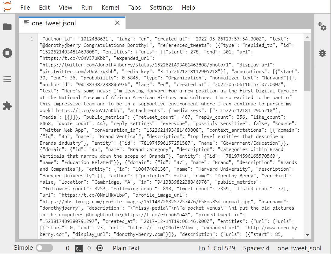 single jsonl tweet opened in jupyterlab