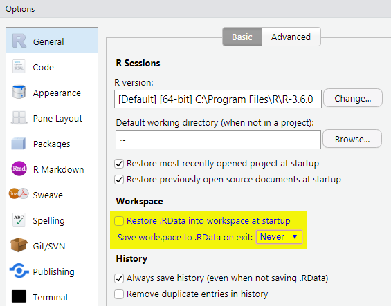 Set ‘Save workspace to .RData on exit’ to ‘Never’