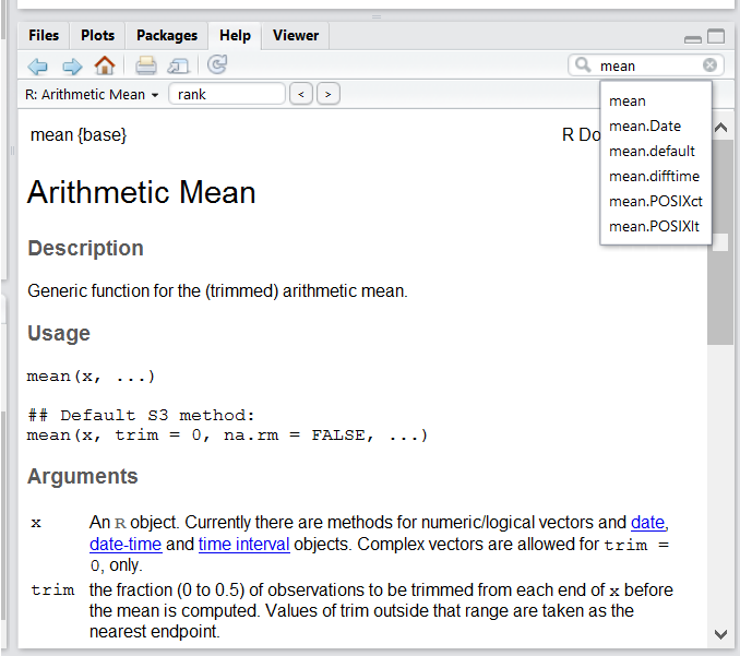 RStudio help panel. When typing a word in the search field, it will show related suggestions.